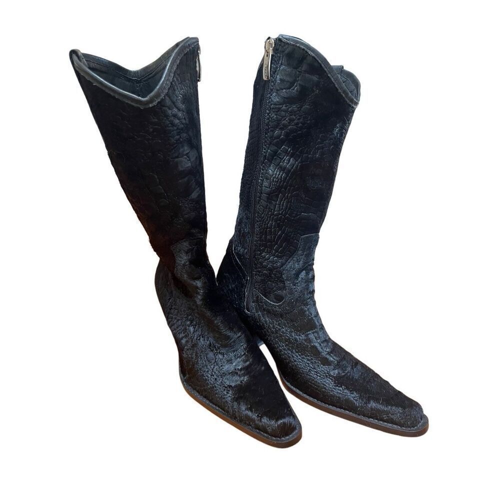 Rockwell Tharp Black Calf Hair Croc SnipToe Mid Calf Heeled Cowboy Boots EU 37 7